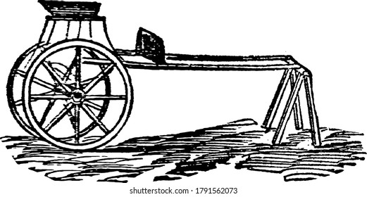 Uma representação típica de um show, uma carruagem leve de duas rodas desenhada por um cavalo, com um par de rodas, desenho de linha vintage ou ilustração de gravação 