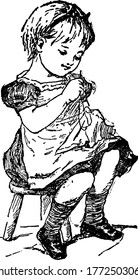 Representación típica de una niña sentada en un taburete y tejiendo, alegremente, dibujos de líneas antiguas o ilustración de grabado.