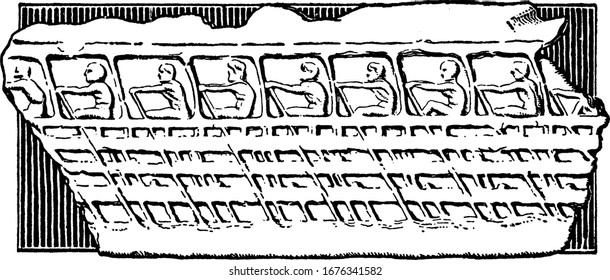 A typical representation of Greek Rowers. Rower in an Athenian warship, about 400 B.C. (fragment of relief found on the Acropolis), vintage line drawing or engraving illustration.