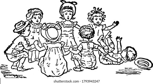 Representación típica de un grupo de niños jugando el puente de Londres, dibujo de línea vintage o ilustración grabadora.