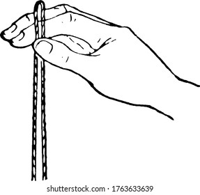 A typical representation of a hand holding string, between the thumb and index finger, vintage line drawing or engraving illustration.