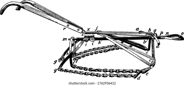 A typical representation of a Hinds chain cultivator, an implement and useful machine in agriculture and harvesting, generally used for tillage and drawing fallen squares to water furrow, vintage.