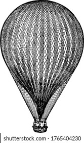 Representación típica de un globo aerostático, aviones más ligeros que el aire recubiertos de red, transportando pasajeros , dibujos de líneas antiguas o ilustración de grabado.
