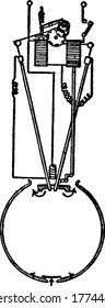 A Typical Representation Of An Inclined Carbon-flame Arc Lamp, An Electric Arc Through The Air Between Two Carbon Rods, Vintage Line Drawing Or Engraving Illustration.