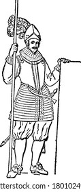 A typical representation of an infantry pikeman, a soldier armed with a pike, vintage line drawing or engraving illustration.