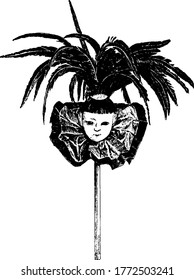 A typical representation of a Japanese feather duster holder, with a face engraved in it, vintage line drawing or engraving illustration.