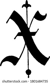A typical representation of the letter, 'capital-X', old English title text. The alphabet is decorated and is represented in a stylish form, vintage line drawing or engraving illustration.
