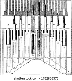 Representación típica de la cerradura de una pistola de gatling, el resorte de fuego rápido cargado, el arma de mano arrancada, el dibujo de la línea vintage o la ilustración de grabado.