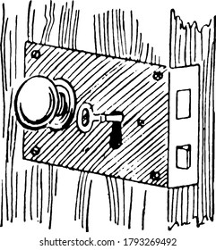 A typical representation of a lock and key, attached to a door, used almost by world-wide for safety of the belongings in the house, vintage line drawing or engraving illustration.