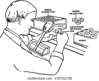 A typical representation of a man in seated position, inspecting a cartridge drawing die with magnifying glass, vintage line drawing or engraving illustration 