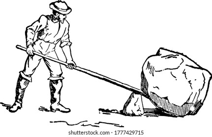 A typical representation of a man using lever and trying to lift a rock, from the ground. The term, machine, in Mechanics, is an instrument for the conversion of motion or the transference of energy,