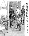 A typical representation of the meeting of Generals Grant and Lee at Appomattox, vintage line drawing or engraving illustration.