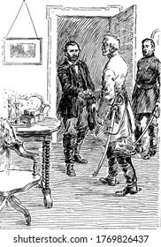 A typical representation of the meeting of Generals Grant and Lee at Appomattox, vintage line drawing or engraving illustration.