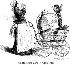 A typical representation of a nanny walking along the streets with a baby in the stroller and getting scared of the Jack coming out of the box, vintage line drawing or engraving illustration.