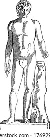 A typical representation of, Apollo in the Vatican, a sculpture made between 350 and 325 BC by the Greek sculptor Leochares, vintage line drawing or engraving illustration 