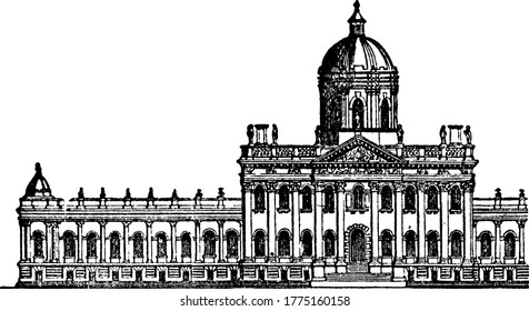 A typical representation of the park fronts of the castle Howard, Britain's stately homes and gardens, vintage line drawing or engraving illustration.