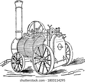 A typical representation of a portable, external, combustion heat engine that converts steam in to mechanical work. Though, it sits in one place while operating, it can be moved easily from one site