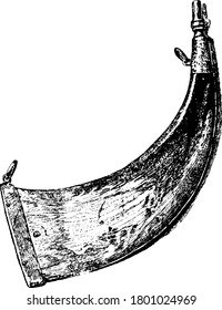 A typical representation of the powder horn, a powder flask made from the horn of animals, usually from an ox or cow, vintage line drawing or engraving illustration.