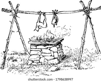 A typical representation of a primitive stove in an open space generally used for cooking meat, vintage line drawing or engraving illustration 