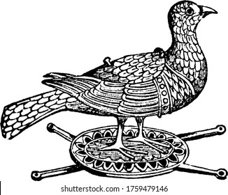 A typical representation of pyx with repeated fancy designs, in the form of a dove, vintage line drawing or engraving illustration.