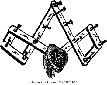 A typical representation of a rack, a frame work with pins or hooks on which to hang hats, garments, dresses, etc., vintage line drawing or engraving illustration 