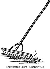 typical representation of a rake, an instrument for collecting hay or other light things which are spread over a large surface, vintage line drawing or engraving illustration 