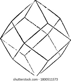 Uma representação típica do dodecaedro rômbico, uma forma geométrica que tem doze faces, vintage desenho de linha ou gravura ilustração.