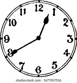 A typical representation of a round-shaped wall clock that displays it is 20 minutes to 1, vintage line drawing or engraving illustration.