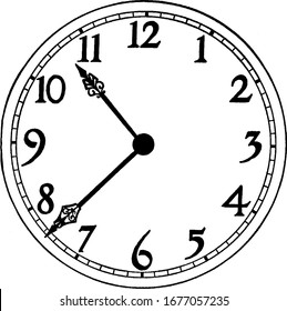 A typical representation of a round-shaped wall clock displayed, reads the time, '10:38', vintage line drawing or engraving illustration.