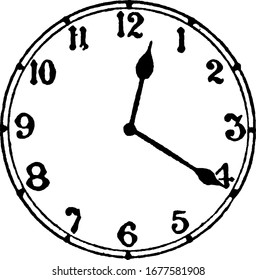 A typical representation of a round-shaped wall clock that displays it is 20 minutes past 12, vintage line drawing or engraving illustration.