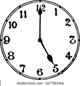 A typical representation of a round-shaped wall clock that displays it is 5 o'clock, vintage line drawing or engraving illustration.