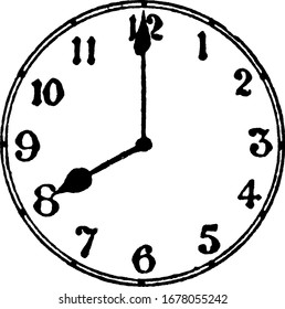 A typical representation of a round-shaped wall clock that displays it is 8 o'clock, vintage line drawing or engraving illustration.