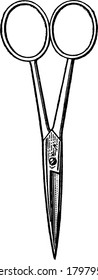 A typical representation of scissors, generally used to cut, divide and trim objects; and also used for surgery and dissection, vintage line drawing or engraving illustration.