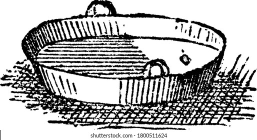A typical representation of a shallow, open dish or vessel, used for various domestic purposes, especially to be placed in a stove for cooking. It is provided with handles for easy lifting, vintage