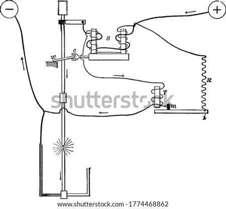 A typical representation showing a detailed arc lamp, with the parts labelled as, S, c, w, T, m, R, representing, solenoid, clutch, clutch-washer, electromagnet, short circuit point and resistance,