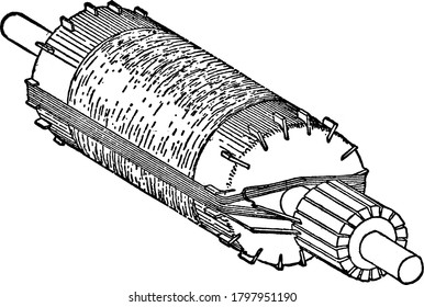 A typical representation showing the principle of Siemens' drum winding, one coil and the commutator assembled, vintage line drawing or engraving illustration.
