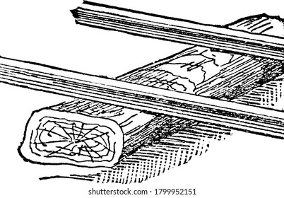 A typical representation of a sill, the basis or foundation of a thing; as the sills of a house or railway, etc., vintage line drawing or engraving illustration 