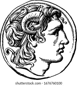 A typical representation of the silver coin of Alexander the Great, with his head on the coin of Lysimachus in 321-281 B.C., vintage line drawing or engraving illustration.