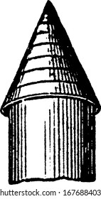 A typical representation of a simple conical roof, the structure forming the upper covering of a building, vintage line drawing or engraving illustration.