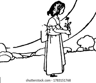 A typical representation of a small girl with her backpack, holding a flower and staring at the trees, while walking, vintage line drawing or engraving illustration.