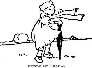 A typical representation of a small girl holding a folded umbrella, standing in the wind. Her shawl and lower part of her frock flying to some extent along the direction of the wind, vintage