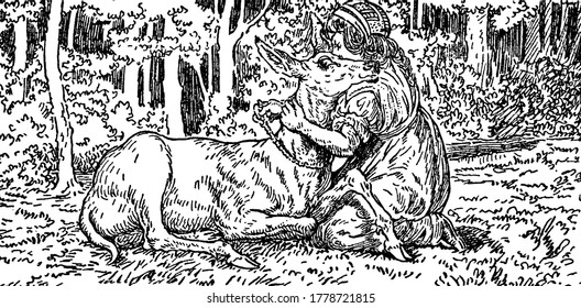 A typical representation of a small girl knelt to the ground and cuddling a deer resting in the forest, vintage line drawing or engraving illustration