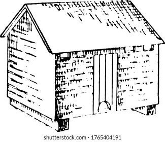 A typical representation of a small hen-house, where female chickens and other fowls are kept safe and secure from other predators, vintage line drawing or engraving illustration.