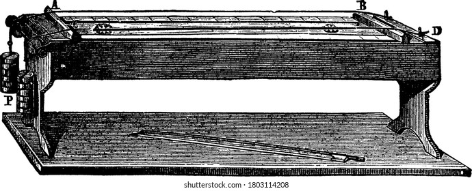 A typical representation of a Sonometer, a device used for studying waves, vintage line drawing or engraving illustration.