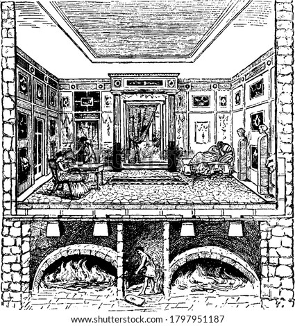 A typical representation of stove of the Middle Ages at the basement and few young women doing some work in the building, vintage line drawing or engraving illustration 