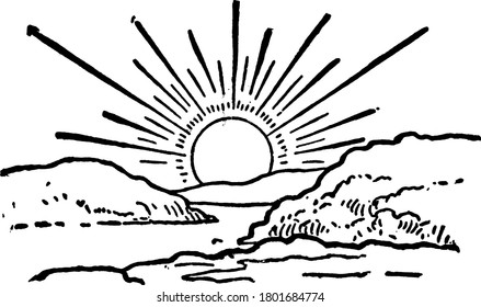 A typical representation of the sunrise over hills, indicating the dawn of the day, vintage line drawing or engraving illustration.