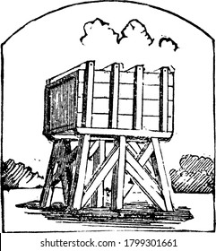 A typical representation of tank, a large basin or cistern mounted on a much elevated wooden cross legged stool-like structure for storing water, vintage line drawing or engraving illustration 