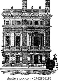 Una representación típica de una casa o edificio, ubicado en el área de St.James de Londres. Aquí se muestra la parte delantera del parque de la Casa Bridgewater, el dibujo de la línea vintage o la ilustración grabadora.