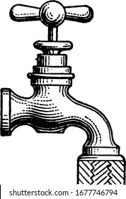 A typical representation of a water tap, water supplied to a tap and used for various domestic purposes like washing, flushing toilets, etc., vintage line drawing or engraving illustration.
