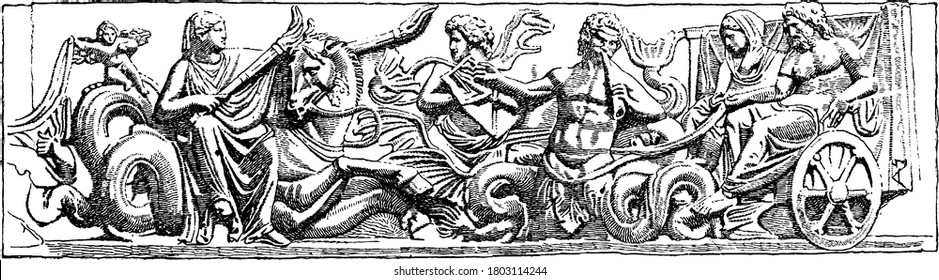 A typical representation of the wedding of Poseidon and Amphitrite. Poseidon, the God of the Sea, fell in love with a beautiful sea goddess and nymph, Amphitrite, according to Greek mythology, vintage